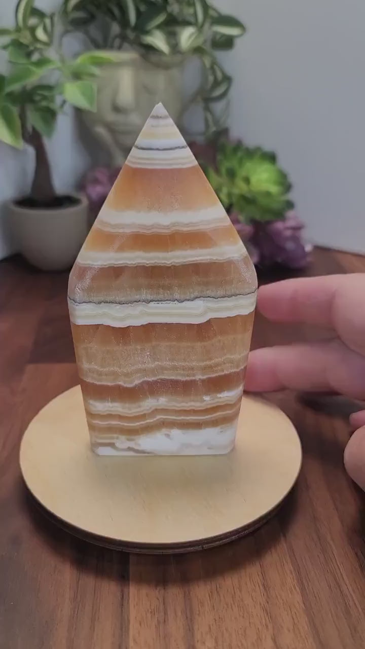 Atlas Calcite Crystal: Yellow Banded Freeform Flame, Autumn Decor (5")