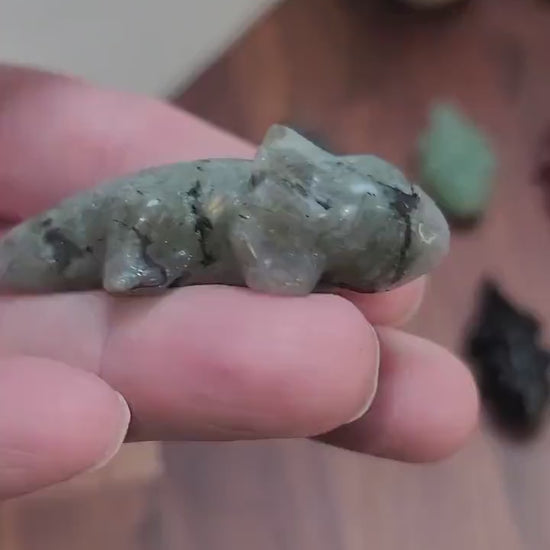 Axolotl Crystal Carving - Labradorite, Obsidian, UV Reactive Stone 1.9 inch