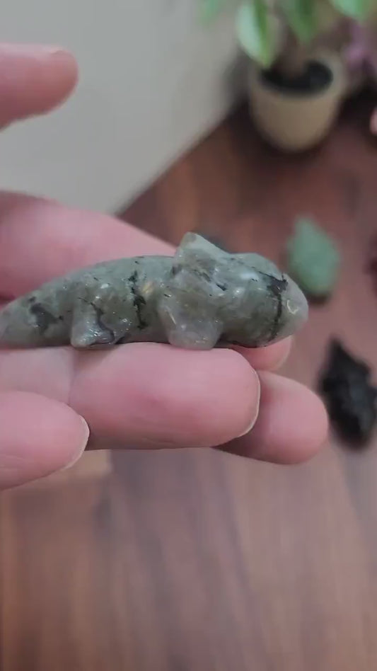 Axolotl Crystal Carving - Labradorite, Obsidian, UV Reactive Stone 1.9 inch