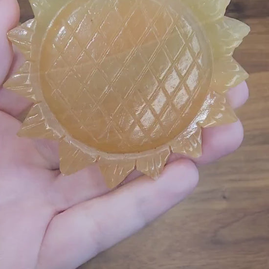 Honey Calcite Sunflower: 3D Crystal Carving, Golden Amber Stone