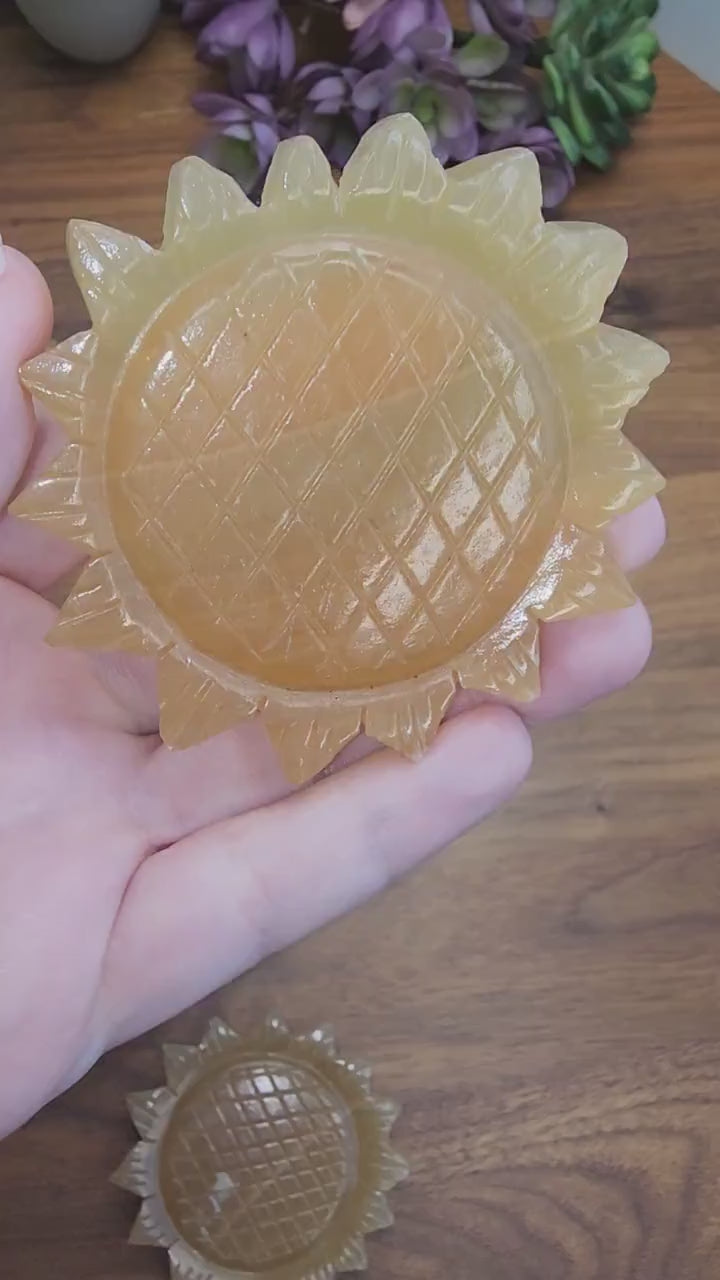 Honey Calcite Sunflower: 3D Crystal Carving, Golden Amber Stone