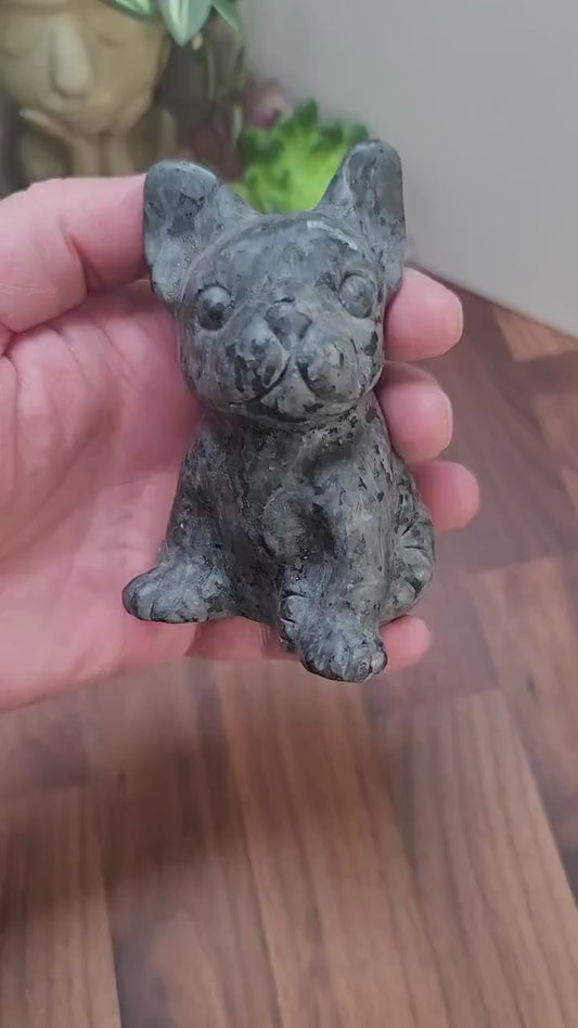 Larvikite Crystal French Bulldog Carving: Flashy Stone Decor (4.25 inch)