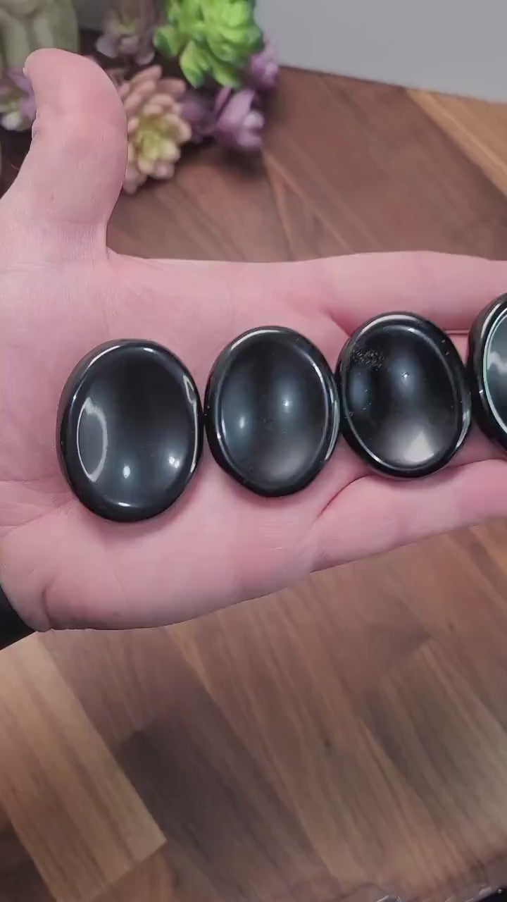 Black Obsidian Worry Stone: Silver Sheen Pocket Crystal, ADHD Fidget