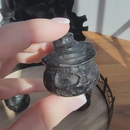 Arfvedsonite Crystal Pumpkin Carving with Witch Hat: Spooky Decor
