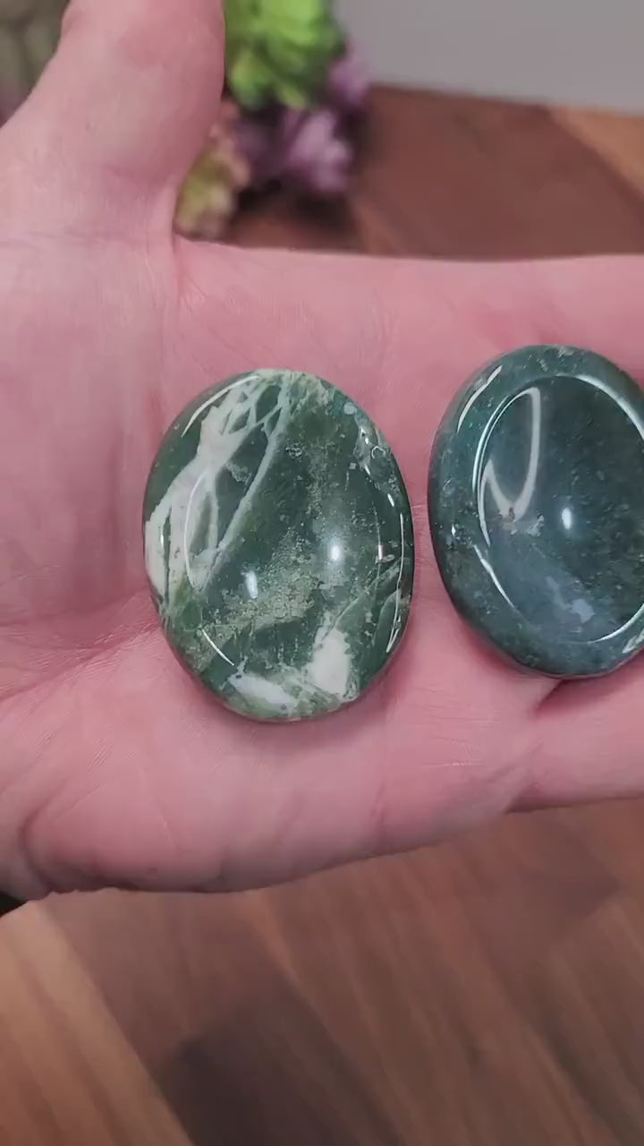 Chunky Green Moss Agate Worry Stone: Pocket Fidget Crystal (50 MM)