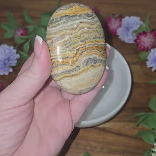 Yellow Aragonite Palm Stone: Banded Calcite Desk Ornament