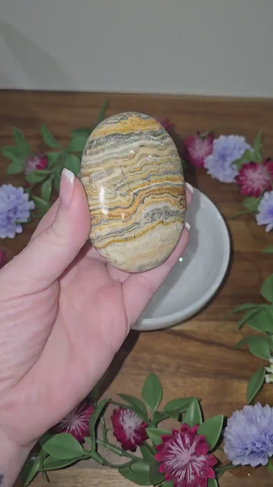 Yellow Aragonite Palm Stone: Banded Calcite Desk Ornament