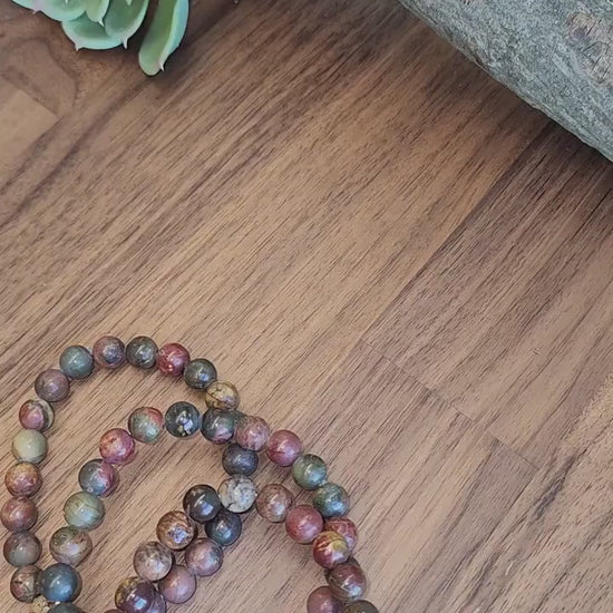 Inv - Colorful Picasso Jasper Bracelet: 8mm Natural Green, Crimson, and Yellow Crystal Bead Jewelry for Autumn, Fall, Holiday Stocking