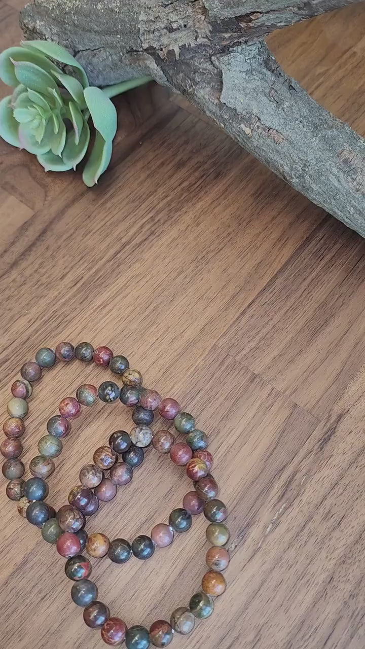 Inv - Colorful Picasso Jasper Bracelet: 8mm Natural Green, Crimson, and Yellow Crystal Bead Jewelry for Autumn, Fall, Holiday Stocking