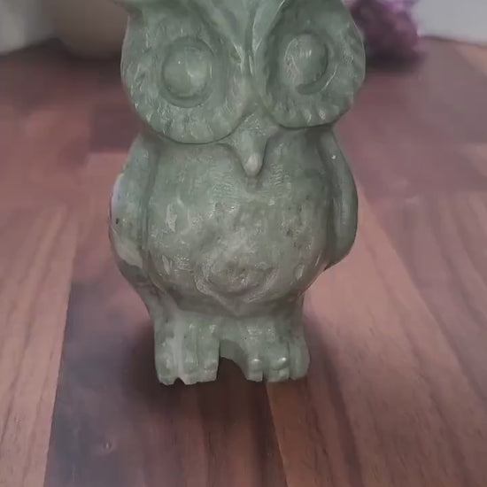 Green Jade Owl Carving: 4-Inch Handcrafted Crystal Sculpture