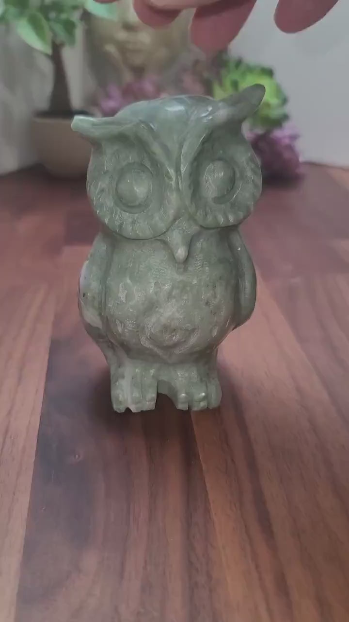 Green Jade Owl Carving: 4-Inch Handcrafted Crystal Sculpture