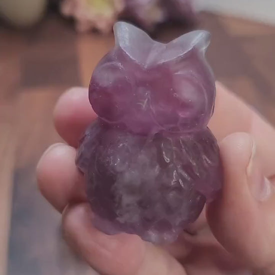 Owl Crystal Figurine: Purple Fluorite Rainbow Stone (Unique)