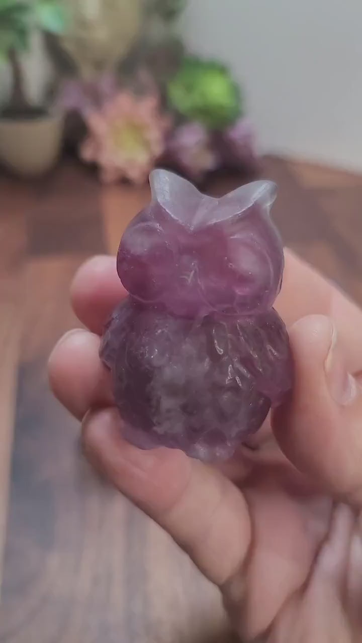 Owl Crystal Figurine: Purple Fluorite Rainbow Stone (Unique)