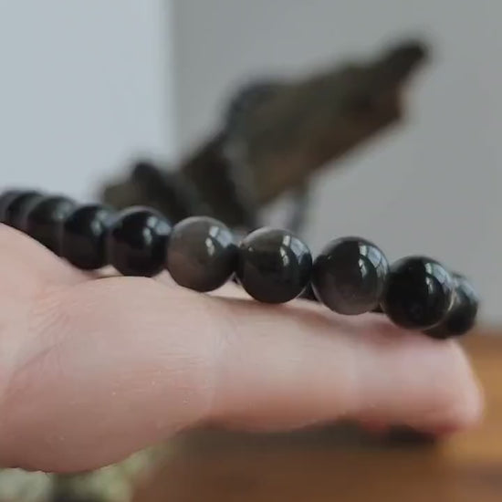 Silver Sheen Obsidian Bracelet | Black Obsidian | Stretchy with Silver Flash  8MM Beads | Intuitively Chosen