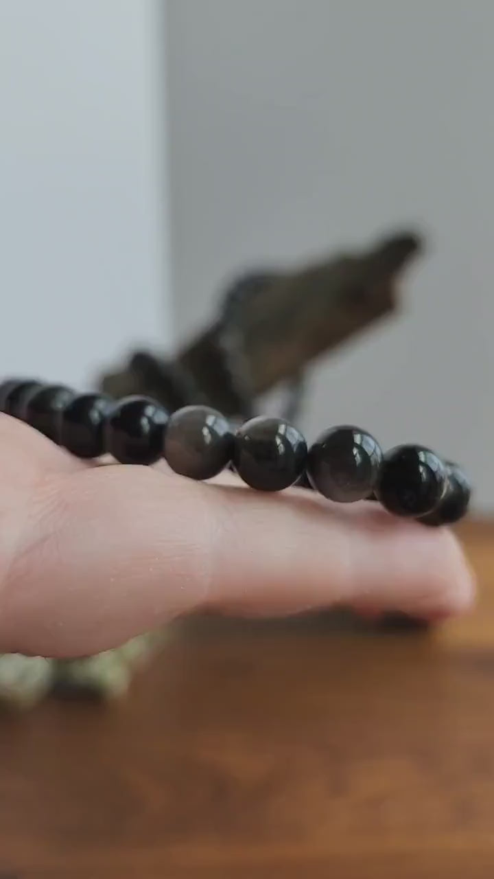 Silver Sheen Obsidian Bracelet | Black Obsidian | Stretchy with Silver Flash  8MM Beads | Intuitively Chosen