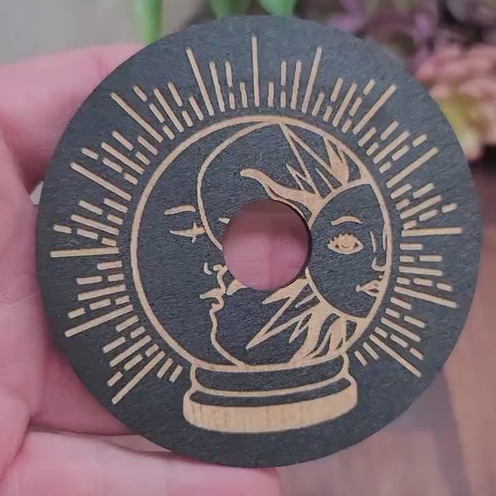 Etched Sun & Moon Sphere Stand: Black Wood Crystal Ball Holder