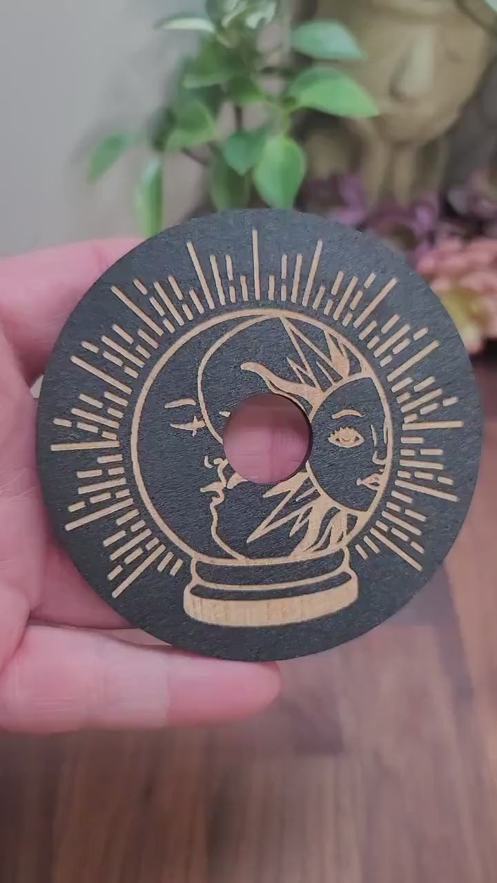 Etched Sun & Moon Sphere Stand: Black Wood Crystal Ball Holder