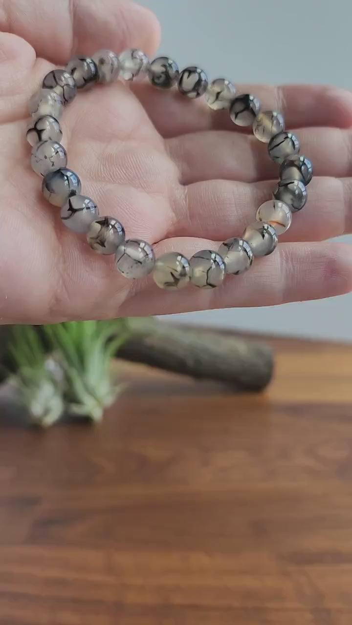 Inv - Dragon Lace Agate Bracelet: 7.5MM Translucent Blue Crystal with Black Veins and Webbing | Cloudy Gray Patterned Jewelry | Goth Vibes