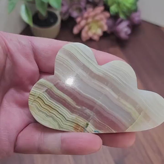 Crystal Cloud Banded Calcite Carving: Green and White Gemstone, Natural Home Decor | Unique Size 96x55mm, Gift for Witchy Vibes