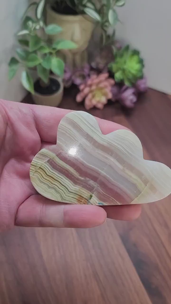 Crystal Cloud Banded Calcite Carving: Green and White Gemstone, Natural Home Decor | Unique Size 96x55mm, Gift for Witchy Vibes
