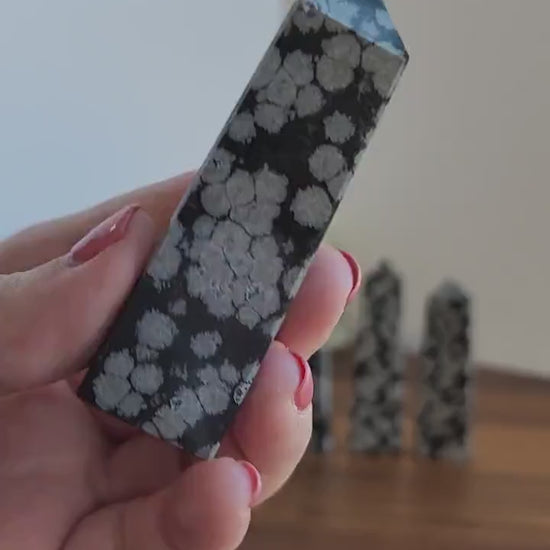 Snowflake Obsidian Tower: Small Black Crystal - White Flower Details