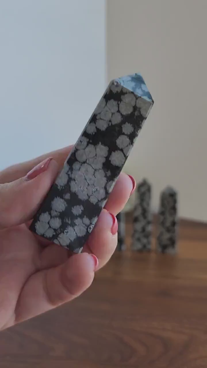 Snowflake Obsidian Tower: Small Black Crystal - White Flower Details