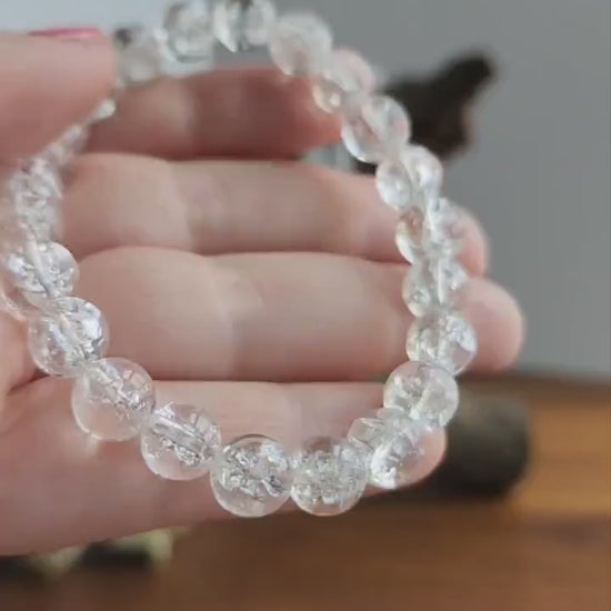 Inv - Clear Crackle Quartz Bracelet: Around 8MM Crystal Bead Bracelet with Rainbows & Sparkle