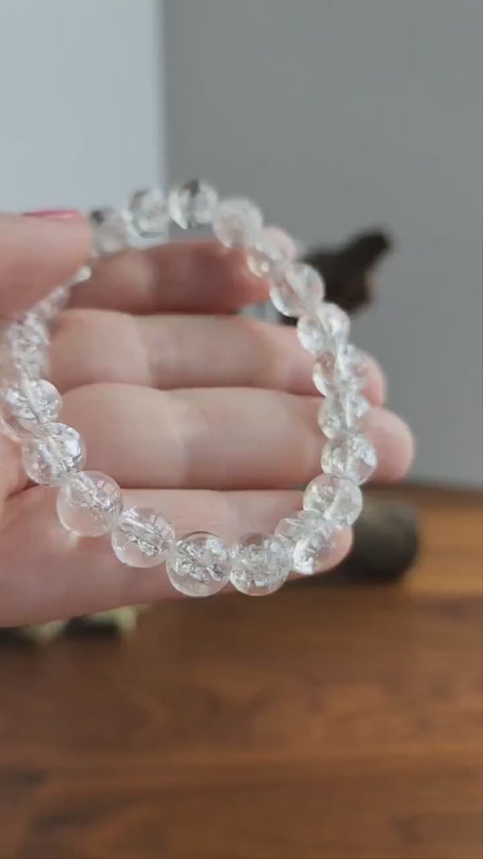 Inv - Clear Crackle Quartz Bracelet: Around 8MM Crystal Bead Bracelet with Rainbows & Sparkle