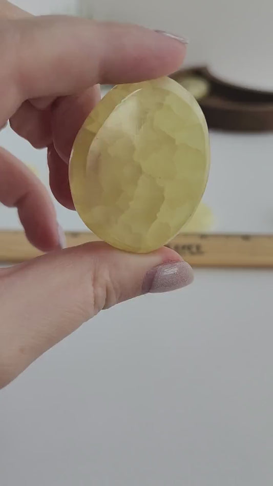 Lemon Calcite Flatstone | Yellow Crystal | Flat Worry Stone | Pocket Stone | Transparent with Cloud Formations | Intuitively Chosen!