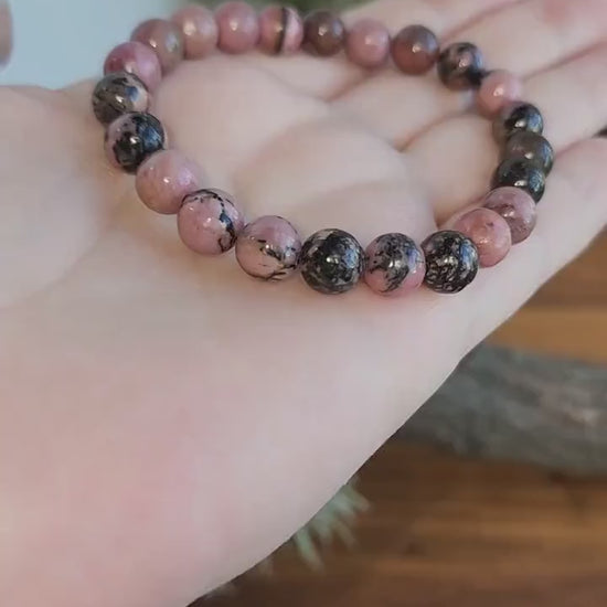 Black Veined Rhodonite Bracelet: 8MM Pink Crystal Beads with Spideweb Patterns | Edgy Cool Gift for a Goth Girl or a Steampunk Teen