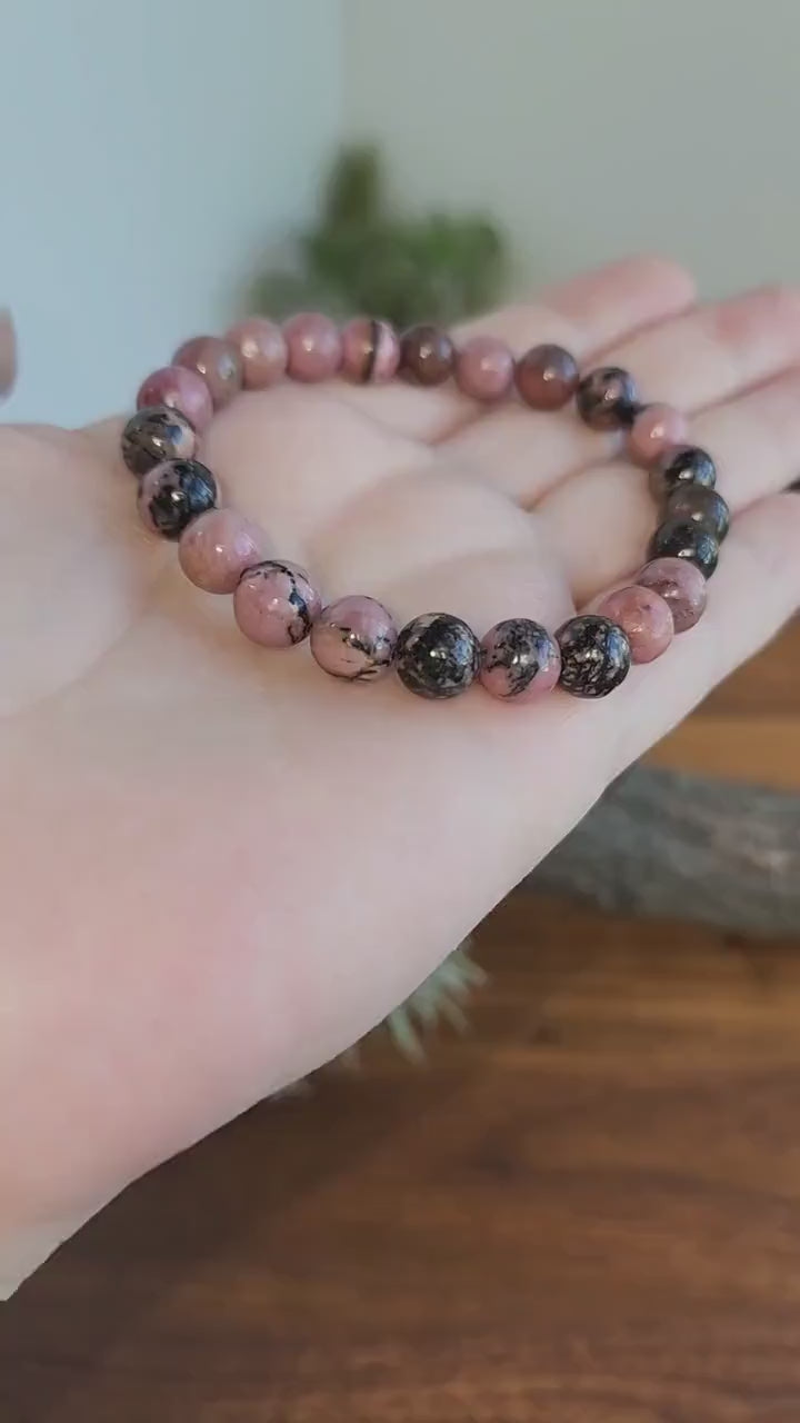 Black Veined Rhodonite Bracelet: 8MM Pink Crystal Beads with Spideweb Patterns | Edgy Cool Gift for a Goth Girl or a Steampunk Teen
