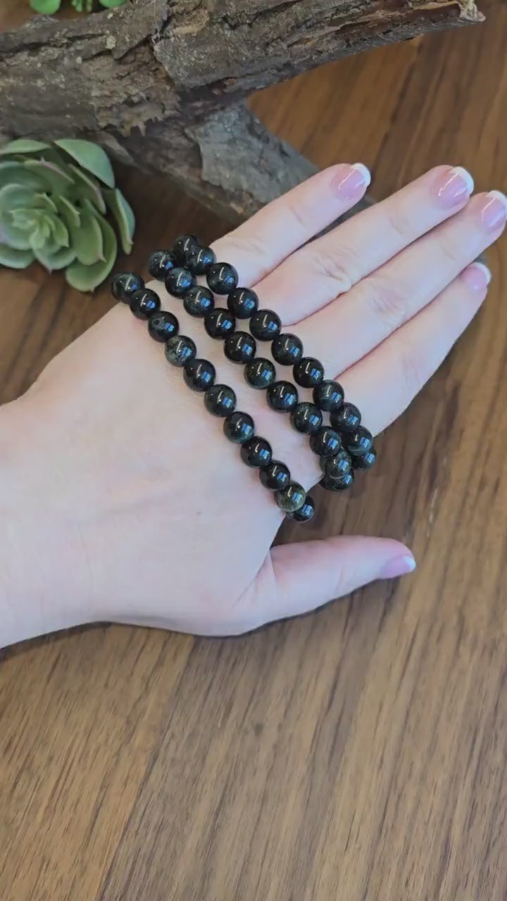 Inv - Blue Tigers Eye | 8MM Crystal Bracelet | LOW Natural Flash Crystal Beads appear Black | Masculine, Subtle Jewelry for Men & Couples
