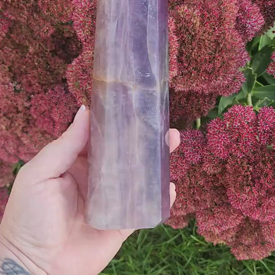 LARGE All Purple Flourite Tower. Small Natural vein of yellow with some rainbow. (Imperfect)