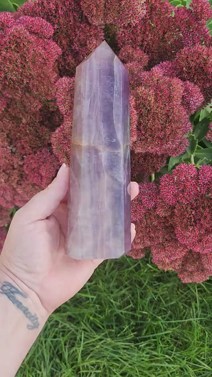 LARGE All Purple Flourite Tower. Small Natural vein of yellow with some rainbow. (Imperfect)