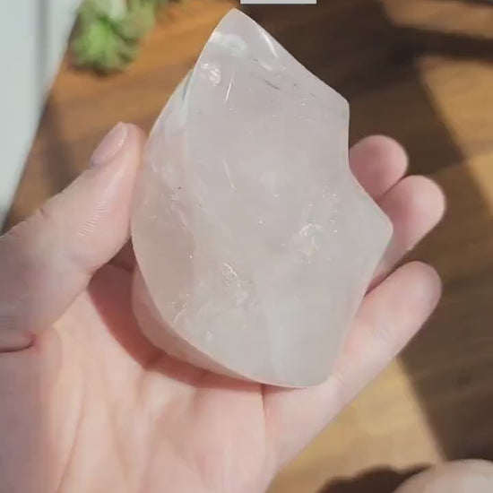 Rose Quartz Flame: Large Pink Crystal Show Piece with Rainbows