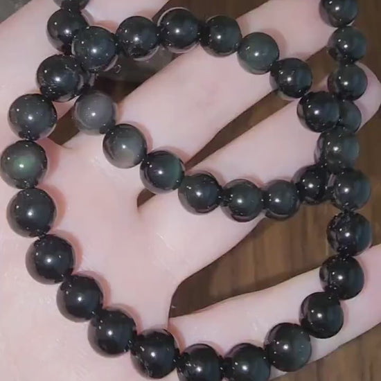 Rainbow Obsidian Bracelet: 8MM Natural Black Crystal Beads with Purple, Green Chatoyant Effect | Subtle LGBTQ+ Jewelry | Pride Couple's Gift