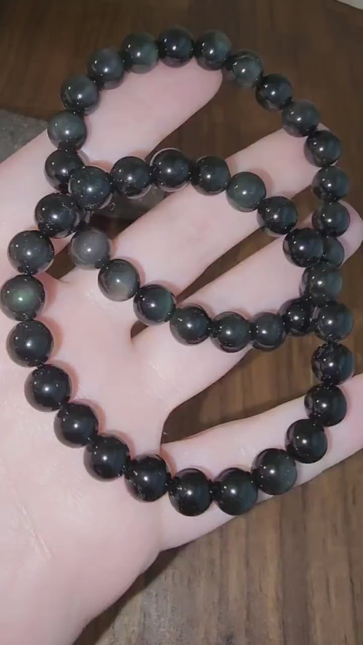 Rainbow Obsidian Bracelet: 8MM Natural Black Crystal Beads with Purple, Green Chatoyant Effect | Subtle LGBTQ+ Jewelry | Pride Couple's Gift