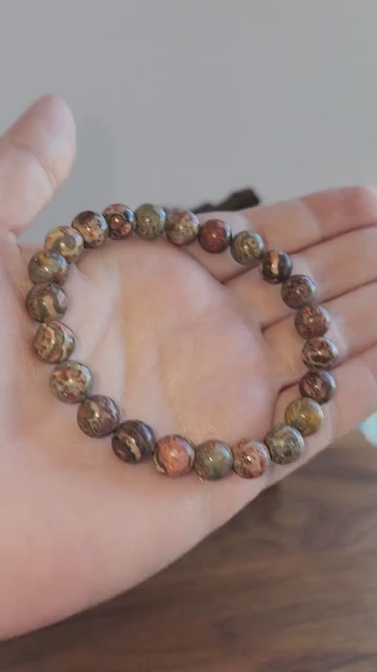 Inv - Leopardite Crystal Bracelet: 8MM Leopard Skin Jasper Beads, aka Safari Jaguar Stone | Pink Red Tan Green Patterns for Wild Girly Gifts