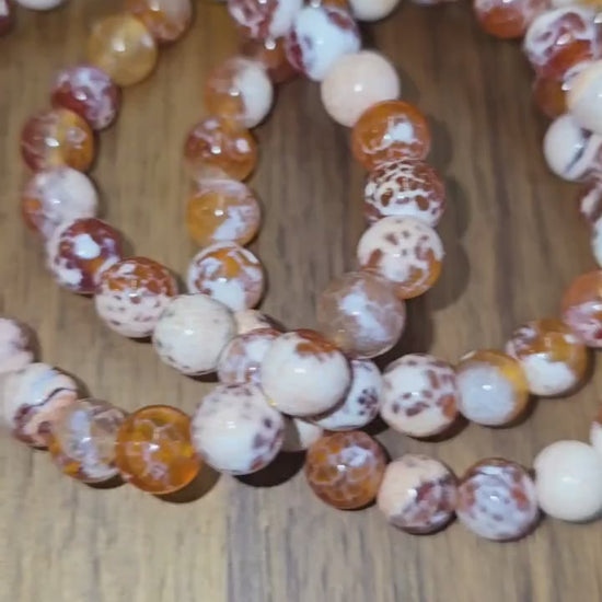 Inv - Orange Fire Agate Bracelet | 8mm Carnelian Fire Crackle Agate Crystal Beads | Sunny Warm Autumn Citrus Accessory