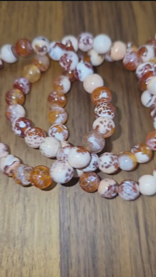 Inv - Orange Fire Agate Bracelet | 8mm Carnelian Fire Crackle Agate Crystal Beads | Sunny Warm Autumn Citrus Accessory