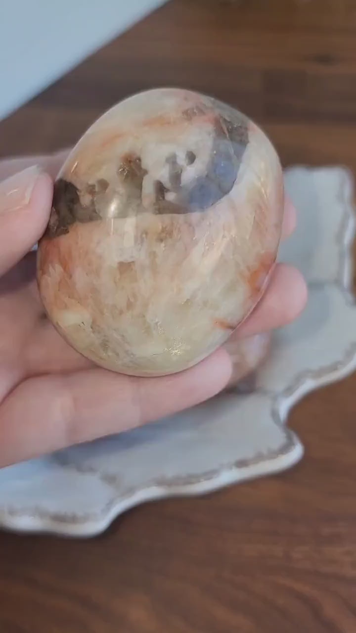 Peach Moonstone with Smokey Quartz Inclusions | Flashy Large Pocket Stones | Intuitively Chosen