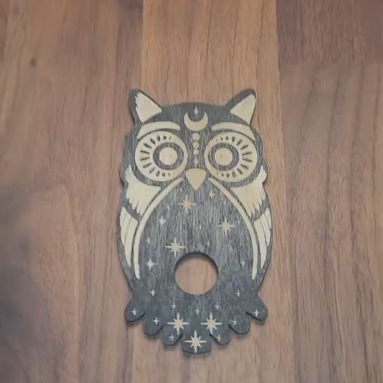 Etched Owl Crystal Sphere Stand: Black Wood Display (4 inch)
