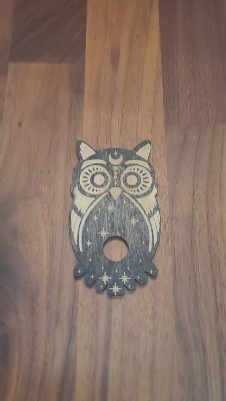 Etched Owl Crystal Sphere Stand: Black Wood Display (4 inch)