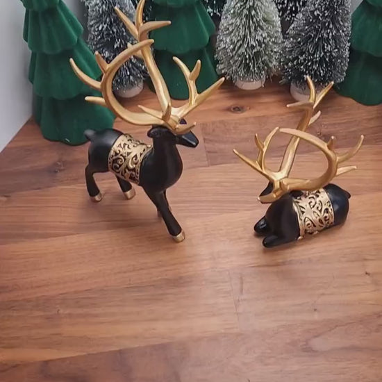 Black Deer Crystal Sphere Stand Set: Gold Antler Winter Decor