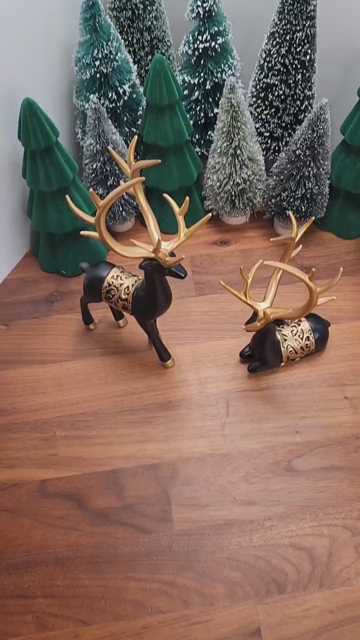 Black Deer Crystal Sphere Stand Set: Gold Antler Winter Decor