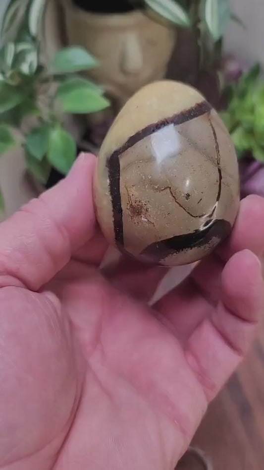 Inv - Septarian Dino Egg | UV Reactive Crystal Carving! | Yellow w/ Tan Shell, Brown Patterns | Gift for Geologist Birthdays & Boy Bedrooms