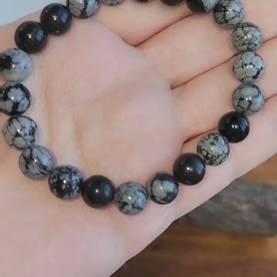 Snowflake Obsidian Bracelet | 8MM Black Crystal Beads with White Chrysanthemum Blooms | Gothic Gift for Women & Men | Matching Couple Idea
