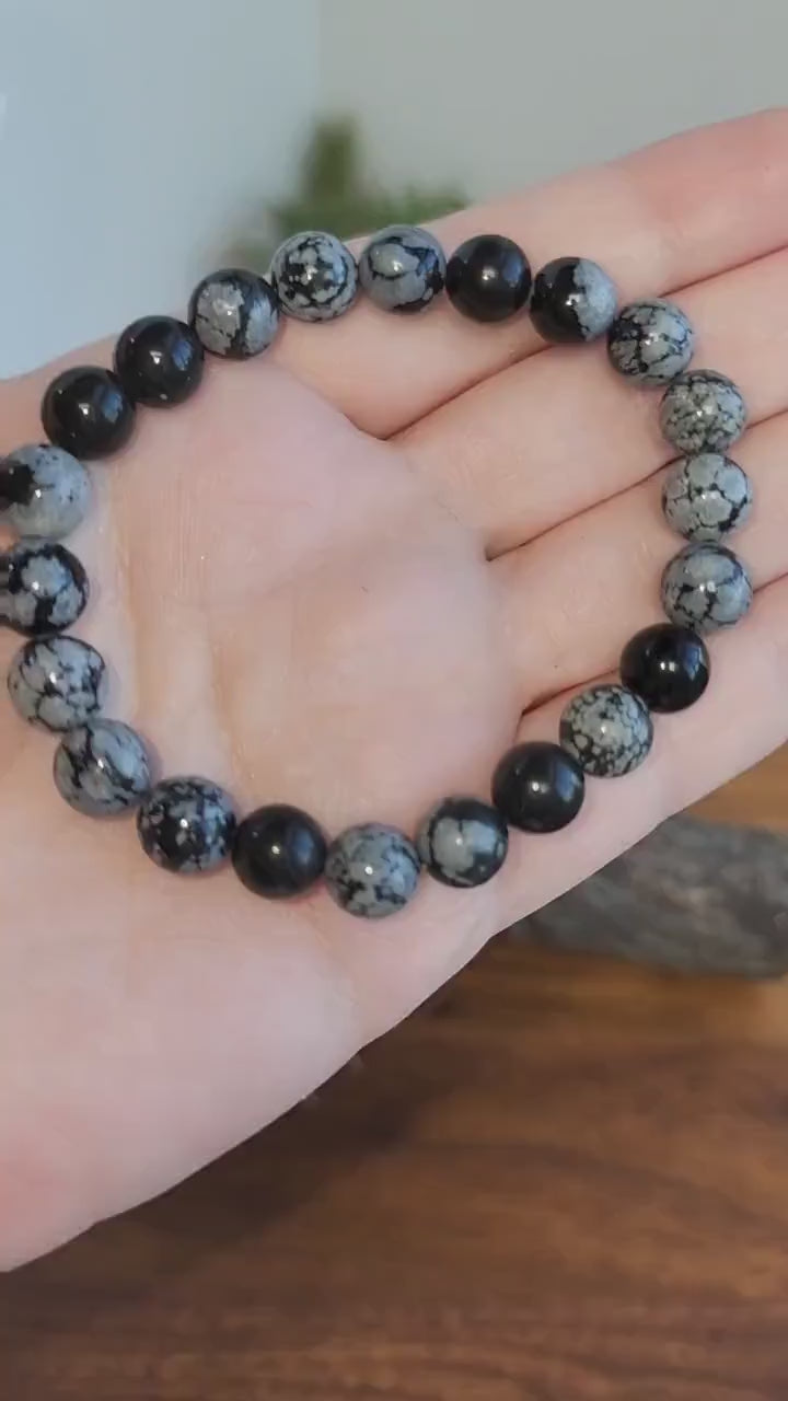Snowflake Obsidian Bracelet | 8MM Black Crystal Beads with White Chrysanthemum Blooms | Gothic Gift for Women & Men | Matching Couple Idea