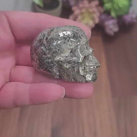 Pretty Pyrite Crystal Skull Carving | 2.4 X 1.7 Inches | Gold and Black | Only 1 Available