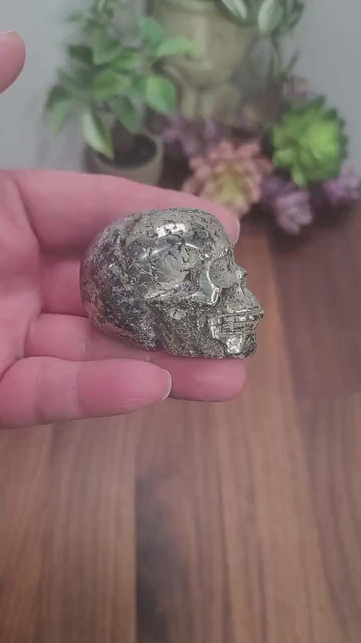 Pretty Pyrite Crystal Skull Carving | 2.4 X 1.7 Inches | Gold and Black | Only 1 Available